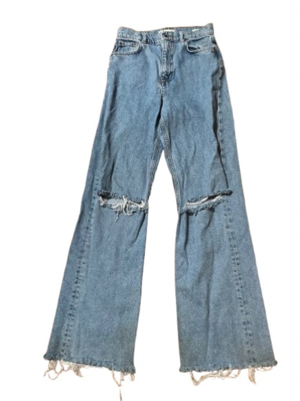 Zara The 90’s Full Length Blue Distressed Flare Denim Jeans Size 4